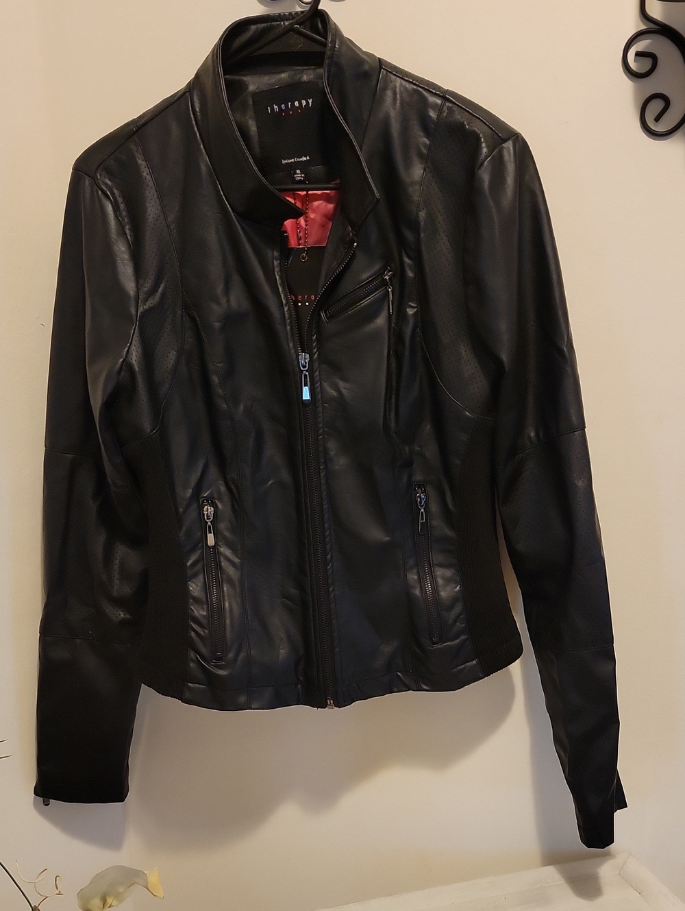 therapy Black Faux Leather Motorcycle Jacket with Red Lining